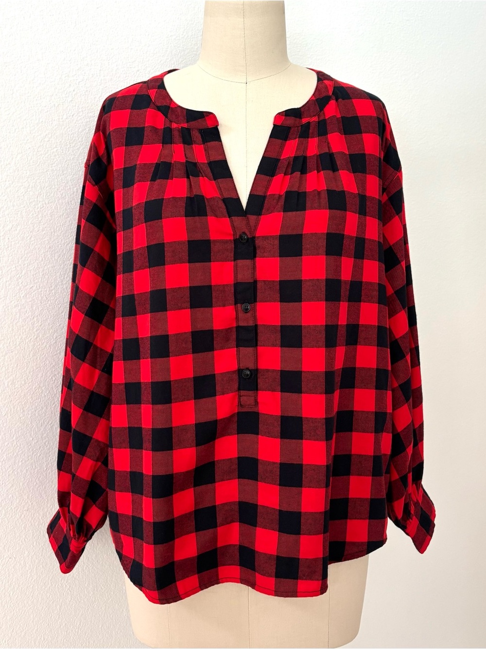 J.Crew Open V-Neck Buffalo Check Flannel Popover Blouse NWT Red Black M